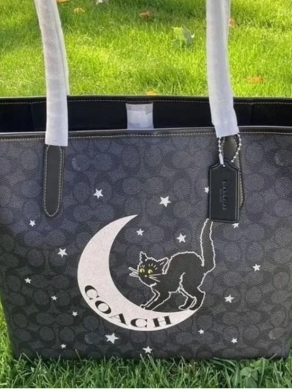 Coach Black Canvas Tote with Moon & Cat Motif